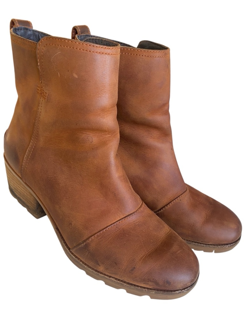 Sorel Cate Ankle Boot Cognac Leather, Waterproof,  Stacked Heel, size 10